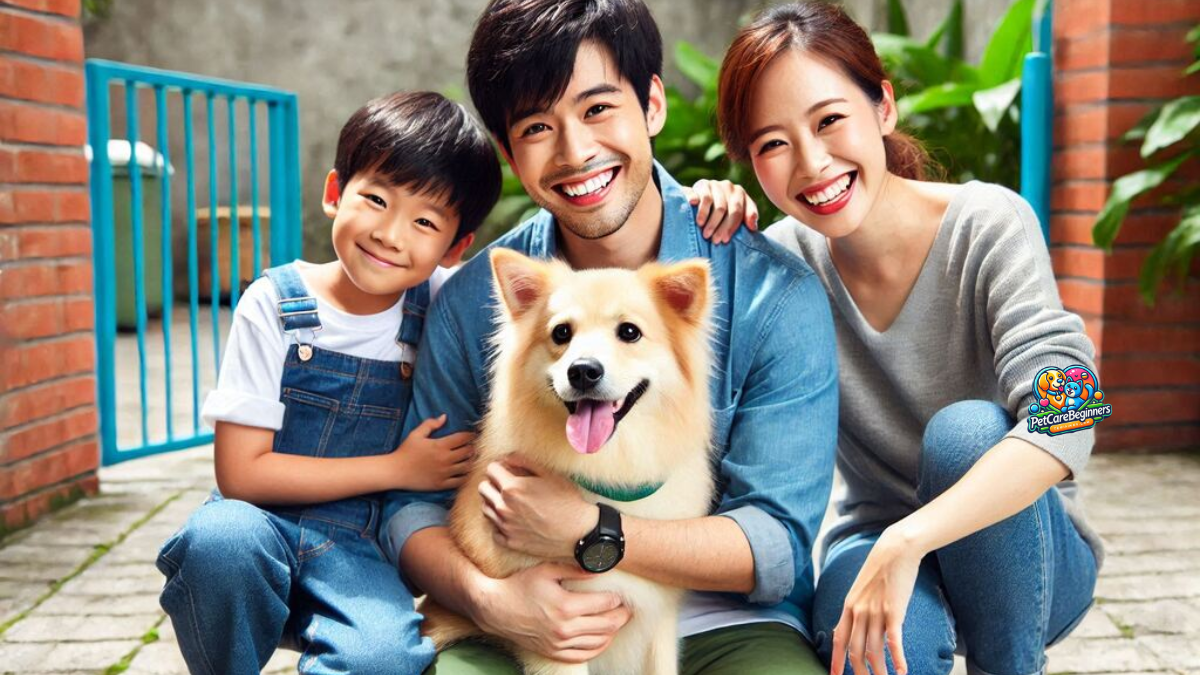 A smiling family hugging their newly adopted dog from a local shelter.