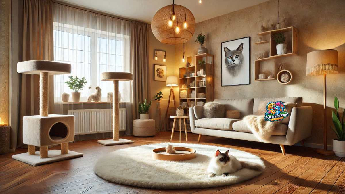 A cozy living room with a cat tree and scratching post in the corner.