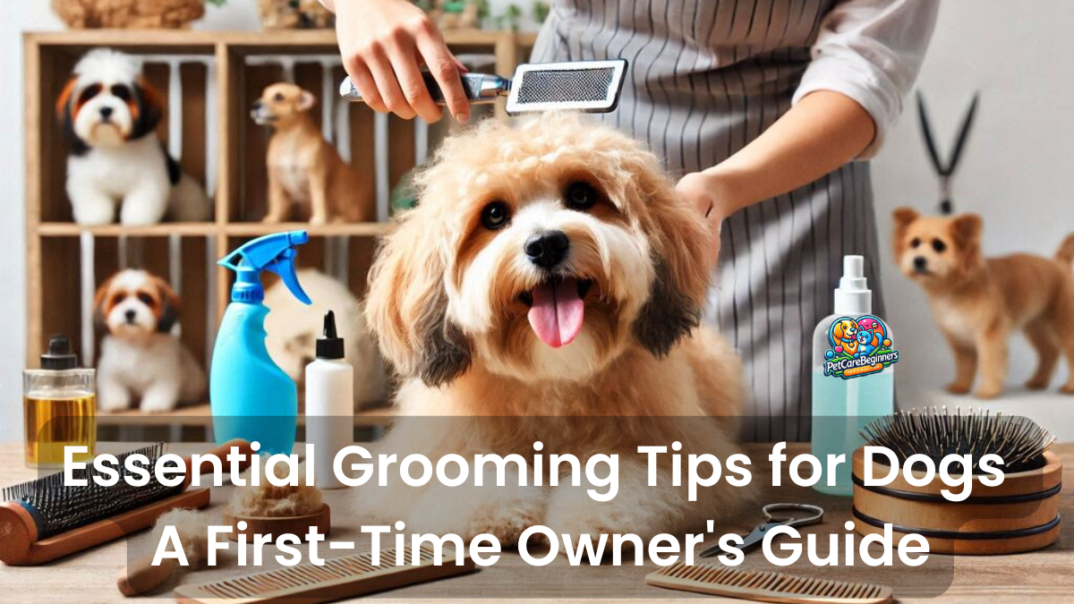 A grooming kit with brushes, clippers, and shampoo: "Essential tools for dog grooming at home.