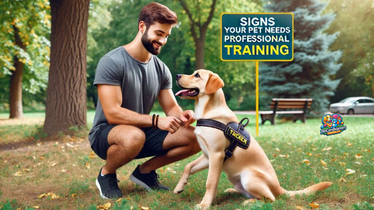 A professional pet trainer working with a dog in a park, teaching it to sit.