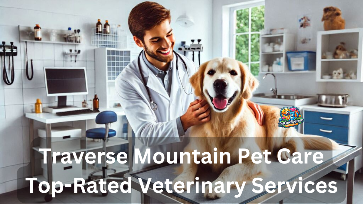 AI-generated image of a veterinarian in a white coat examining a golden retriever on an examination table in a modern veterinary clinic, with medical equipment and shelves in the background.