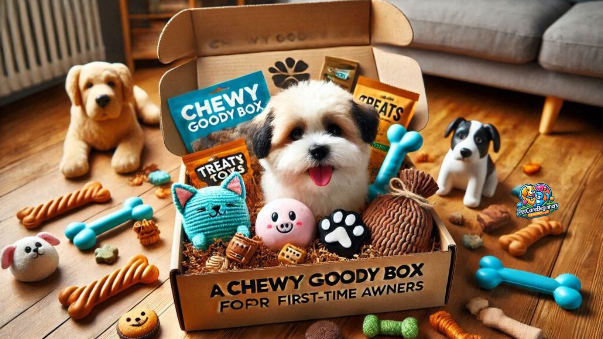 A Chewy Goody Box filled with treats and toys for pets.