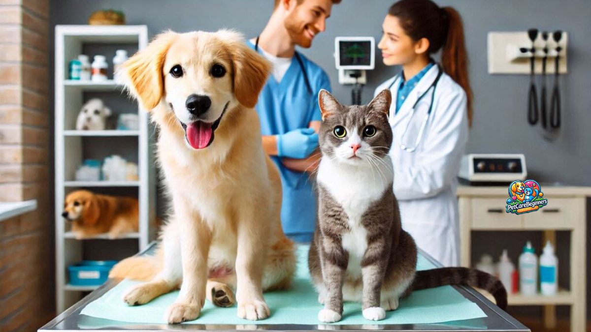 A happy dog and cat sitting on a vet’s examination table, receiving a health checkup.