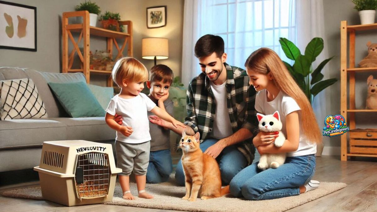 A family introducing their new cat to their children in the living room.