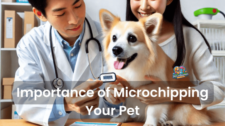 A close-up of a veterinarian scanning a microchip in a dog with a pet owner looking relieved, emphasizing the importance of microchipping for pet safety.