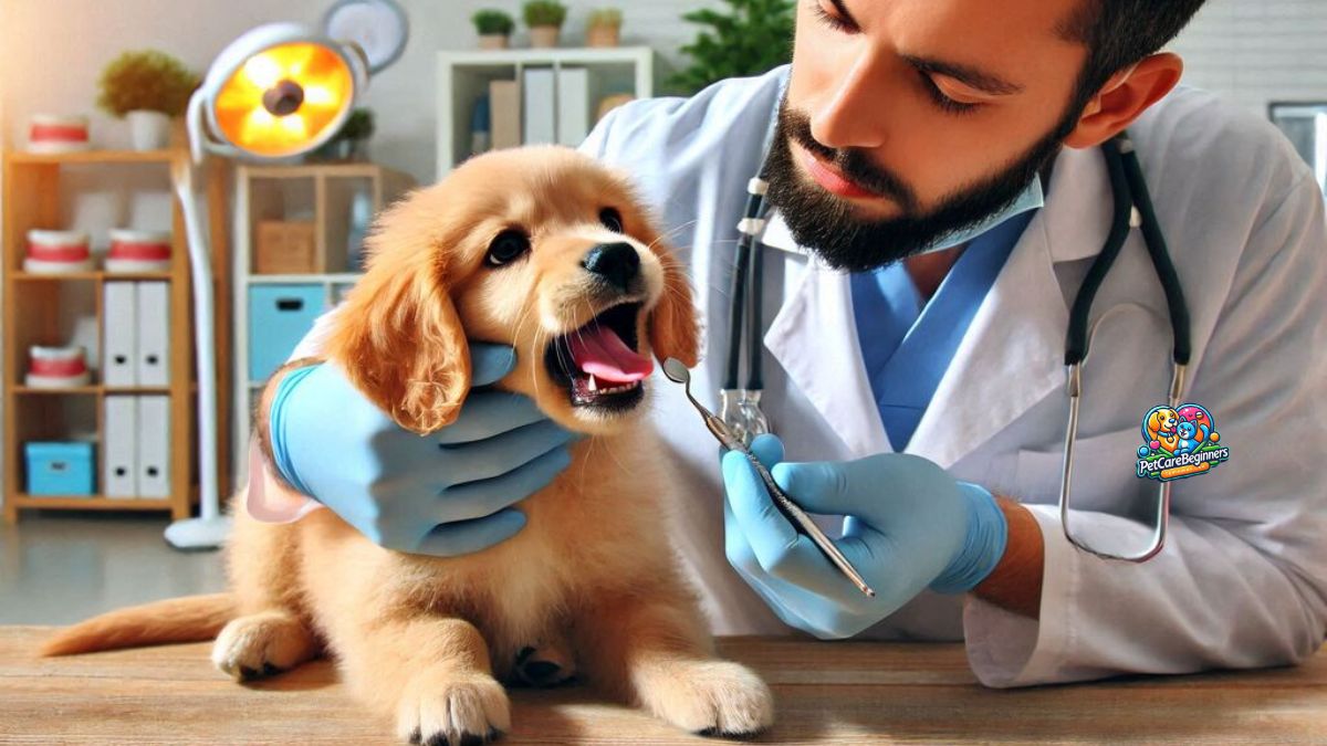 A veterinarian examining a dog’s teeth during a dental check-up.