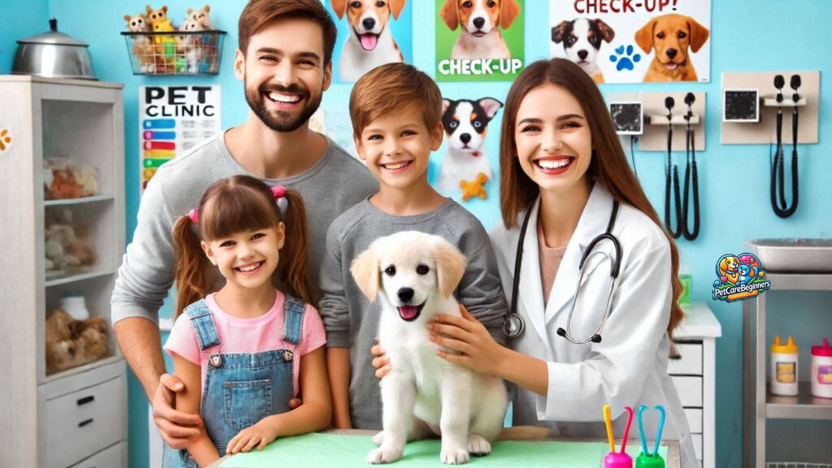 smiling pet owners with vet